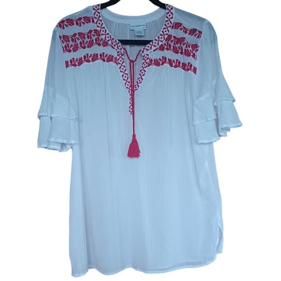 Liz Claiborne Tops - Liz Claiborne 100% White Cotton Tunic Red Embroidery Tiered Sleeves Boho Fairy